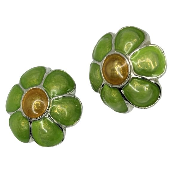 VTG Green Daisy Flower Button Clip On Earrrings 1" Silver Tone Spring Jewelry - Picture 2 of 11